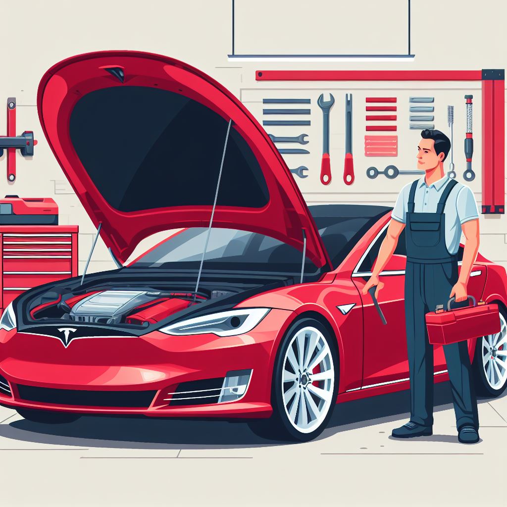 red tesla being serviced by mechanic cartoon